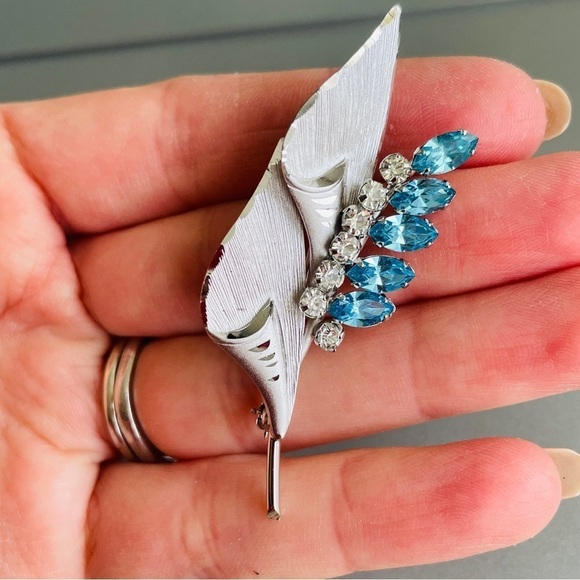 Vintage Tru-Kay Sterling 925 Blue White Rhinestone Crystal Brooch & Earr… - Picture 4 of 8